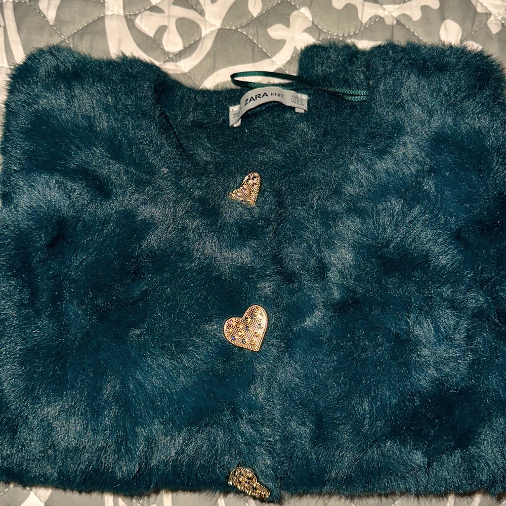 ZARA Emerald Green Faux Fur Cardigan